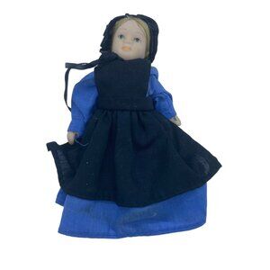 Vtg Little Amish Porcelain Doll With Blue Dress & Black Apron Bonnet 5.5”